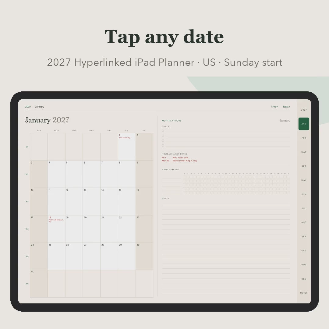 Tapping through the hyperlinked 2027 planner: month, day, week, notes, year