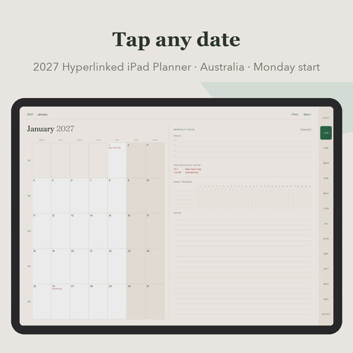 Tapping through the hyperlinked 2027 planner: month, day, week, notes, year