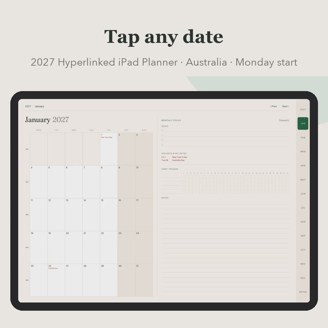 Tapping through the hyperlinked 2027 planner: month, day, week, notes, year
