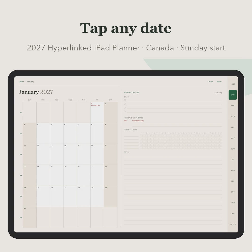Tapping through the hyperlinked 2027 planner: month, day, week, notes, year