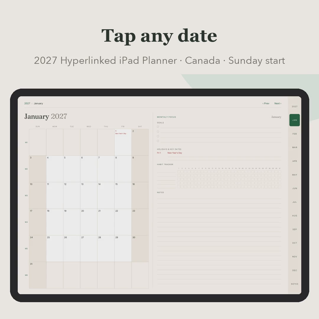 Tapping through the hyperlinked 2027 planner: month, day, week, notes, year