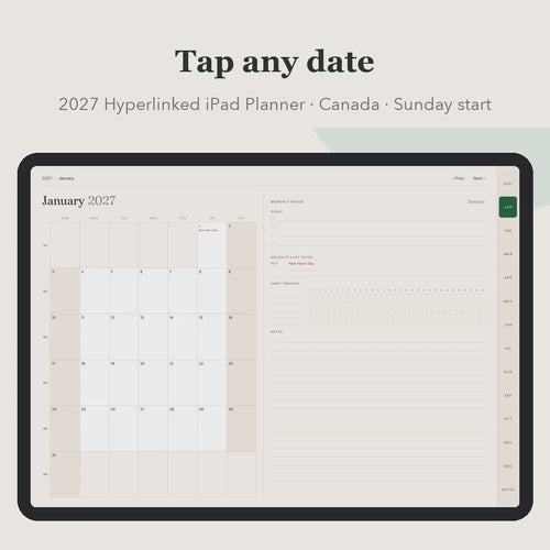 Tapping through the hyperlinked 2027 planner: month, day, week, notes, year