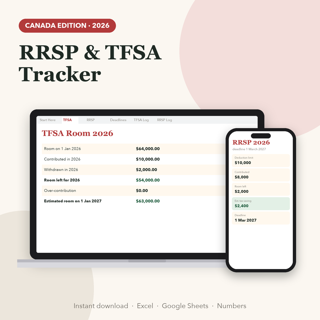 RRSP and TFSA tracker spreadsheet for Canada on a laptop and phone