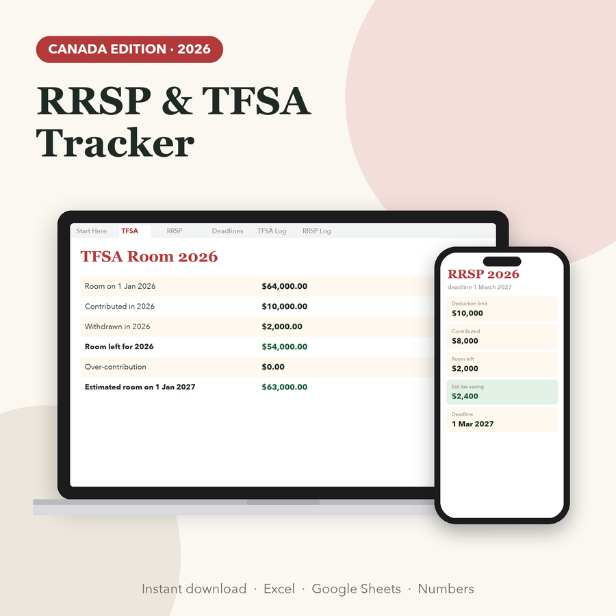 RRSP and TFSA tracker spreadsheet for Canada on a laptop and phone