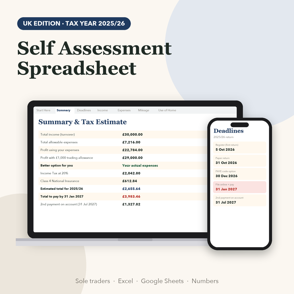 UK self assessment spreadsheet showing summary and tax estimate