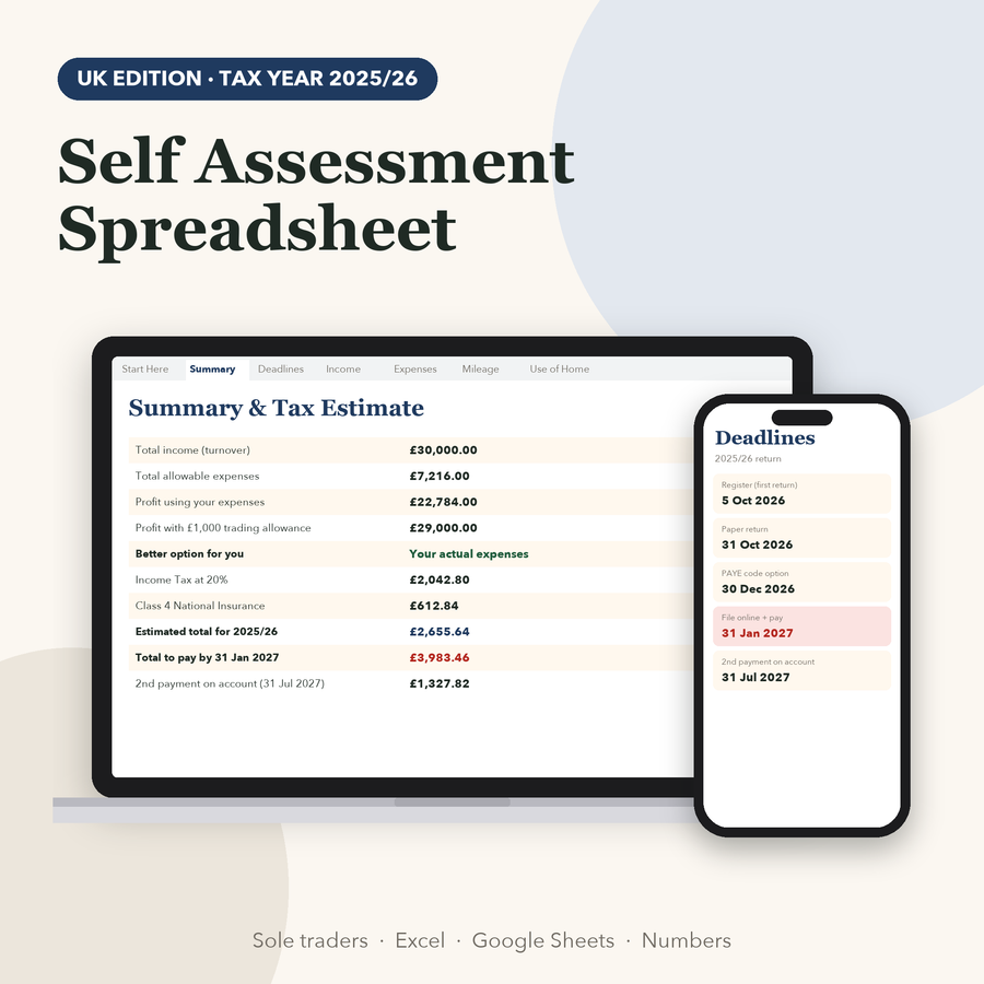 UK self assessment spreadsheet showing summary and tax estimate