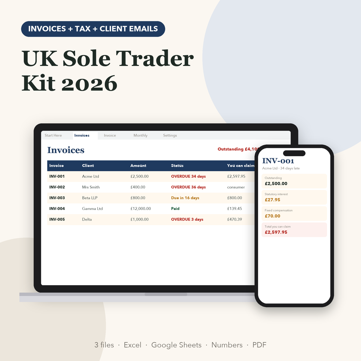 UK sole trader kit: invoice tracker and self assessment spreadsheet