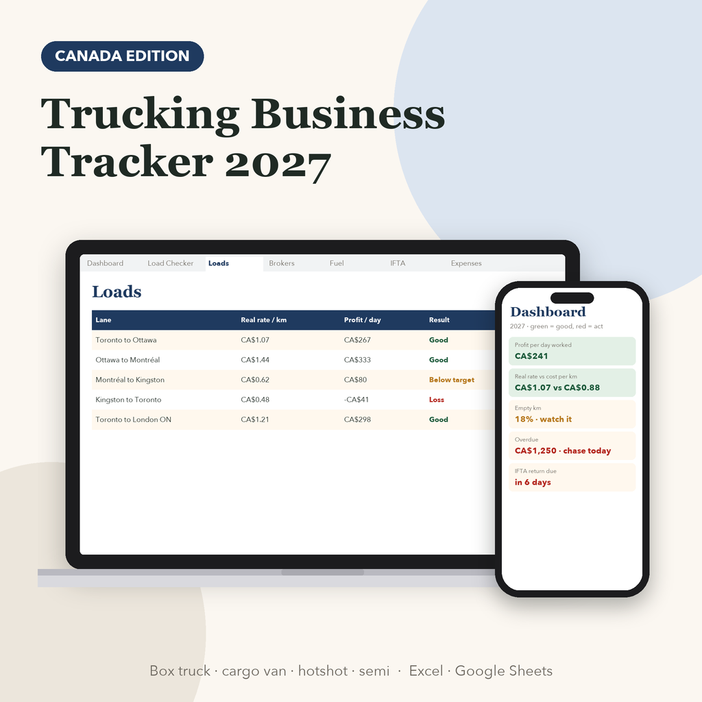 Trucking business tracker spreadsheet Canada edition showing loads and the dashboard on a phone